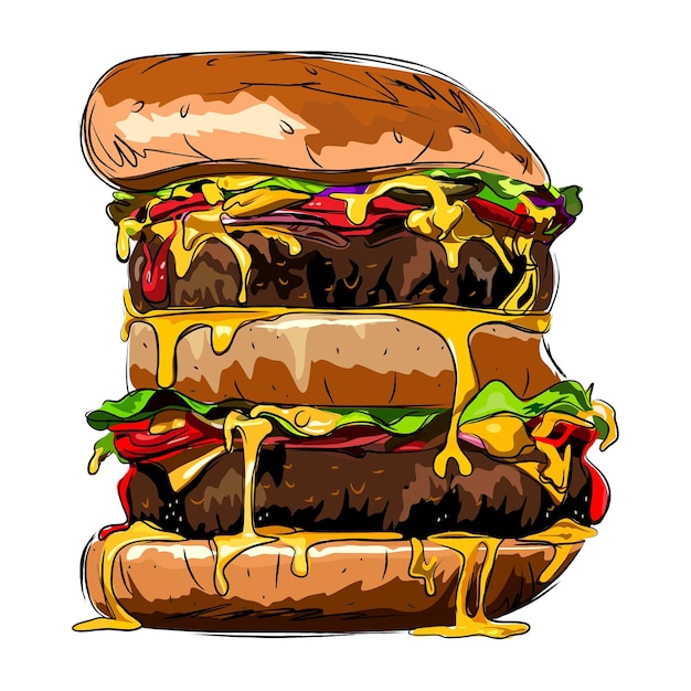 Schets, met de hand getekende dubbele beef bacon burger, ilustration burger