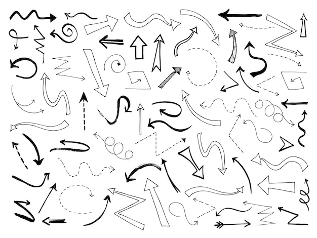 Schets pijlen. doodle zwarte pijl richting lijn symbolen.