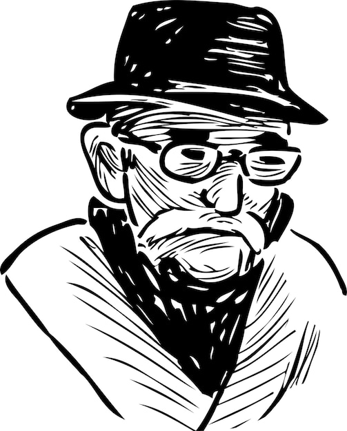 Schets portret van trieste oude man in hoed met bril en grijze snor