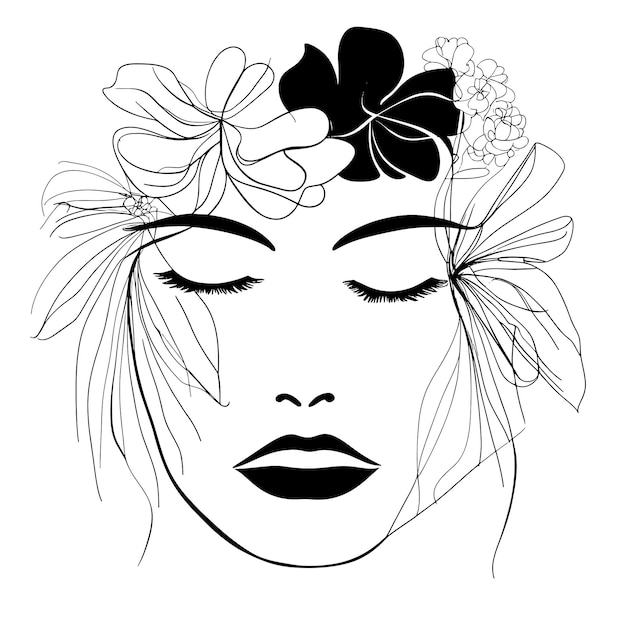 Schets portret vrouw bloemen in haar en gezicht lijntekeningen in elegante stijl mooie vector