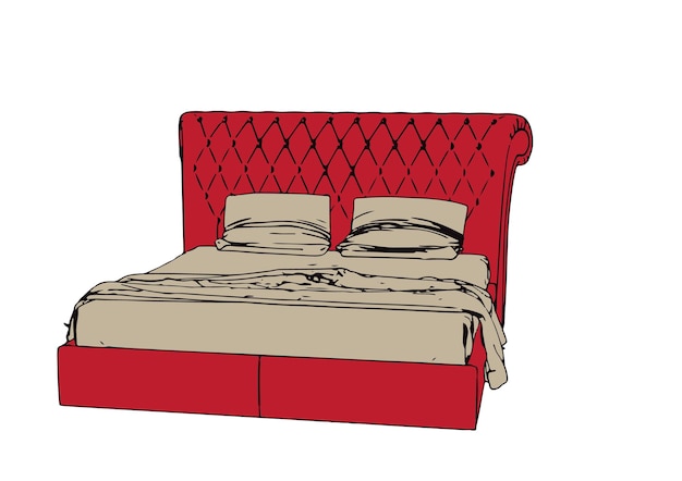 Schets rood bed met kussens geïsoleerd op witte vector