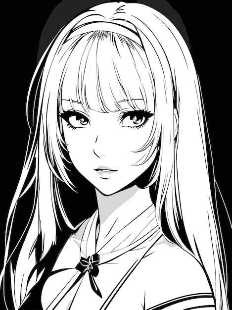 schets schattig meisje in zwart-wit kleuren anime kunststijl illustratie portret