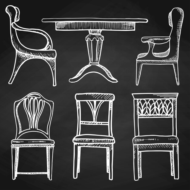 Schets set geïsoleerde meubels Verschillende stoelen en tafels Hand getrokken krijt op een schoolbord Vectorillustratie in een schetsstijl