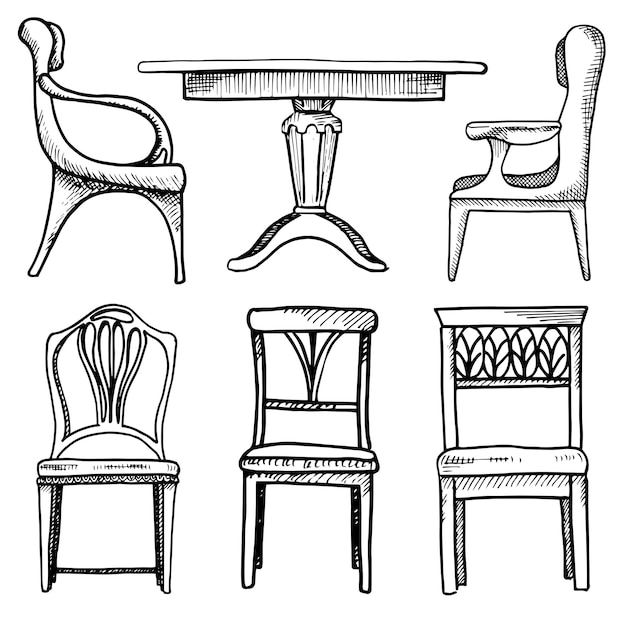 Schets set geïsoleerde meubels Verschillende stoelen en tafels Lineaire zwarte meubels op een witte achtergrond Vectorillustratie