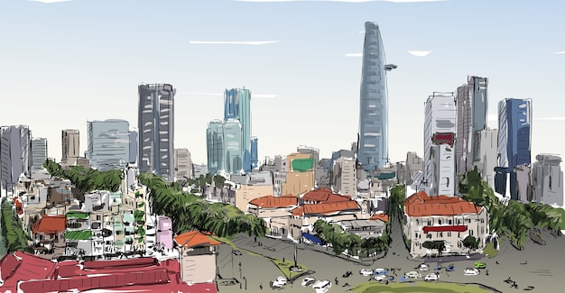 Vector schets stadsgezicht van saigon stad (ho chi minh) toon hoofdstad van het gebouw in de stad, illustratie