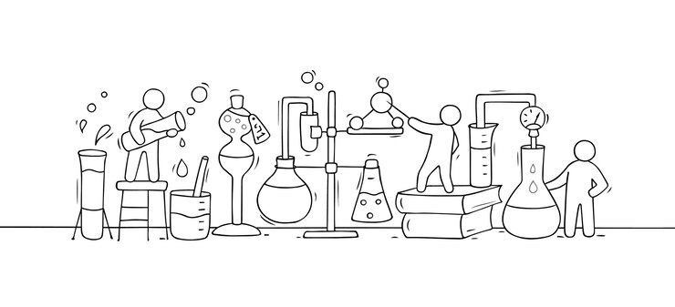 Vector schets van chemisch experiment met werkende kleine mensen, beker. doodle schattige miniatuur van teamwork en materiaalonderzoek. hand getekende cartoon vectorillustratie voor biologie en scheikunde.