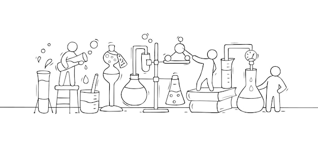 Schets van chemisch experiment met werkende kleine mensen, bekerglas. Doodle schattige miniatuur van teamwork en materiaalonderzoek. Hand getekend cartoon vectorillustratie voor biologie en chemie.