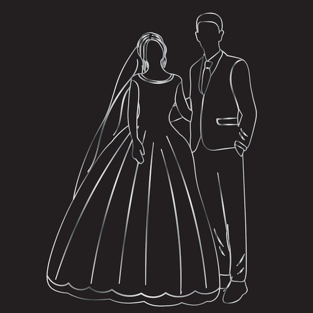 Schets van de bruid en bruidegom op een zwarte achtergrond geïsoleerd