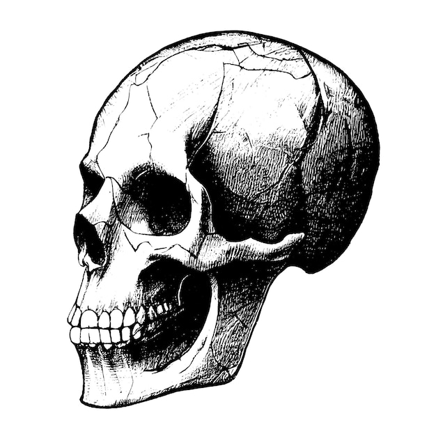 Schets van de menselijke schedel op een witte achtergrond
