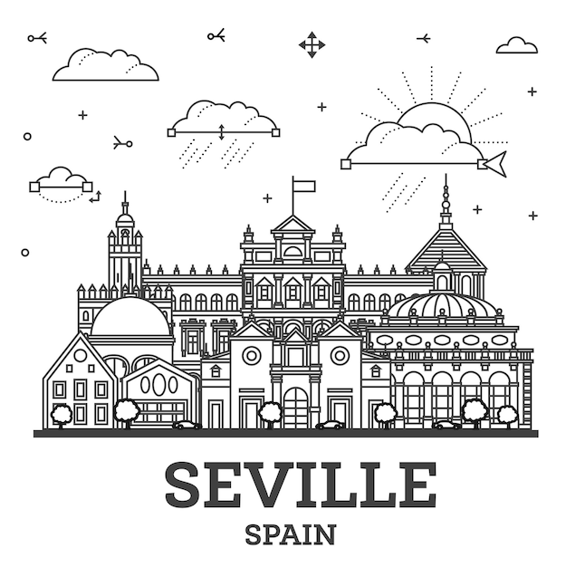 Schets van de skyline van Sevilla Spanje met historische gebouwen geïsoleerd op witte illustratie Het stadsbeeld van Sevilla met bezienswaardigheden