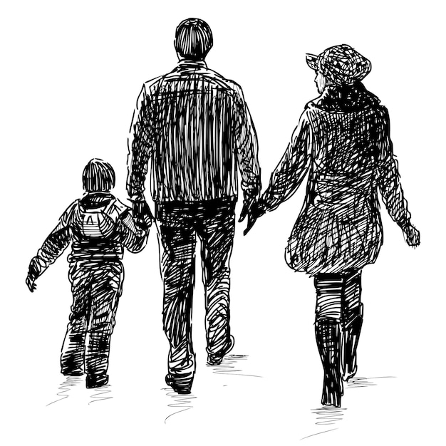 Vector schets van een jong gezin met een klein kind dat buiten loopt