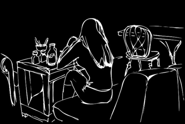 Schets van een jonge vrouw op een bank aan een tafel in een cafexA