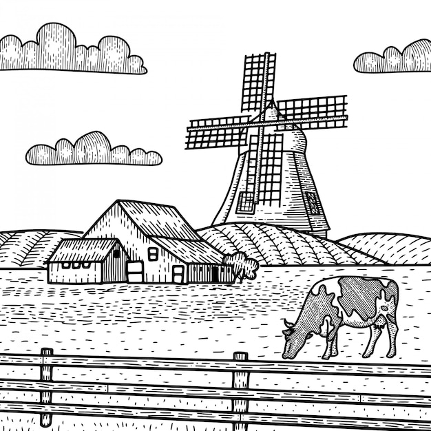 Schets van een molen met koeien grazen op de weide. Contry huis in landelijk landschap met wolken en hek. Hand getekend concept. Vintage gravure illustratie voor poster, web. Geïsoleerd op witte achtergrond.