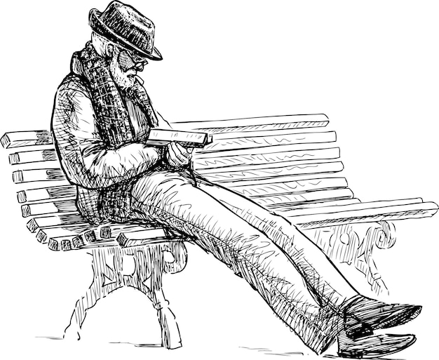 Schets van een oudere, bebaarde man met een hoed die zit en een boek leest op een bankje in het park