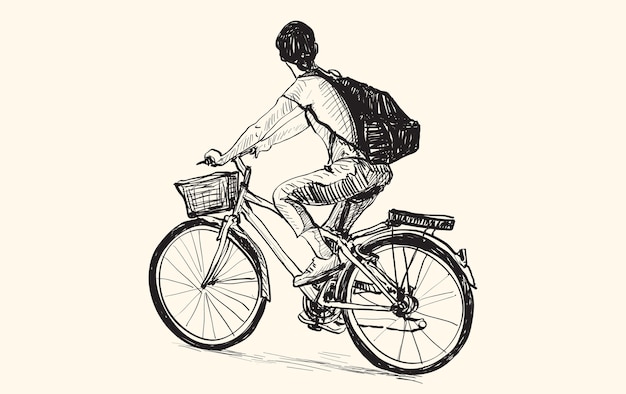 Schets van een vrouw fietsten, vrije hand tekening illustratie
