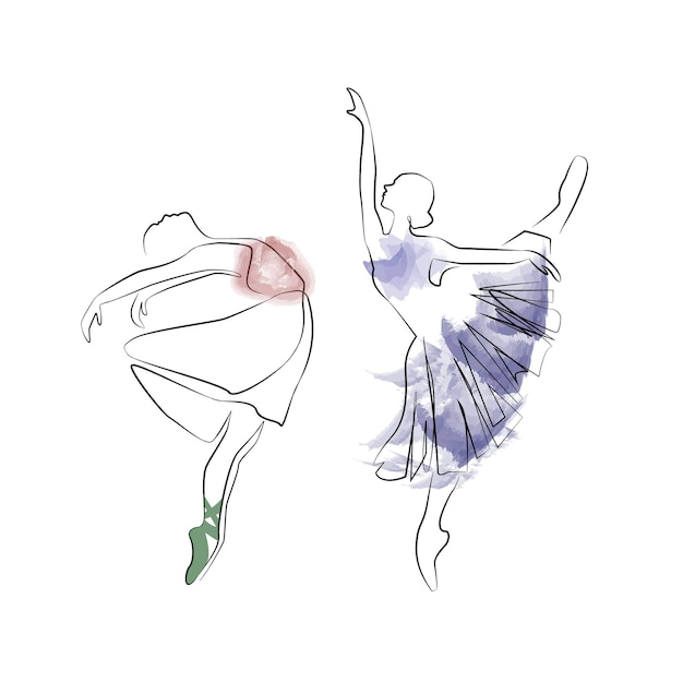 Schets van een vrouw in een jurk balletdanser lijntekeningen continue kunst aquarel pictogram meisje