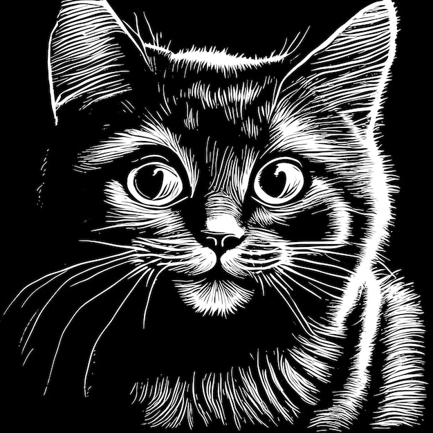 Schets van het hoofd van een kat, met de hand getekend, gegraveerde stijlillustratie