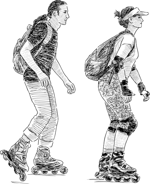 Schets van jonge mensen op rolschaatsen zwart-wit met de hand getekende vectorillustratie