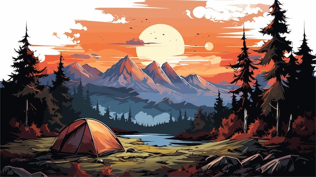 Schets van kampeertent op bergen achtergrond vlakke stijl vector