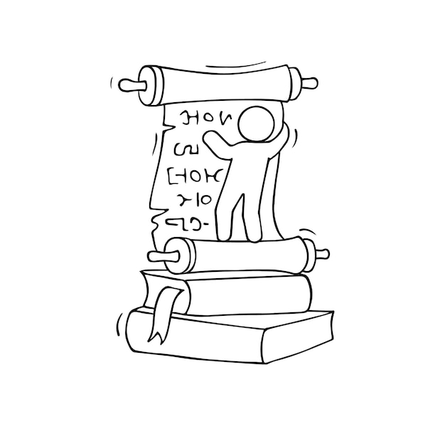 Vector schets van kleine man met stapel boeken. doodle schattige miniatuurscène over literatuur, lezen, geschiedenis. hand getekende cartoon voor het onderwijs.