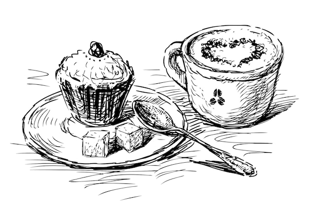 Schets van kopje cappuccino koffie en cake