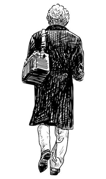 Schets van man in zwarte jas met tas die door straat loopt