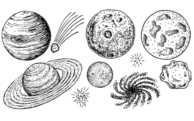 Schets van ruimteobjecten set Verzameling van kometen planeten sterren asteroïden Zwarte omtrekelementen