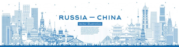 Schets van Rusland en China skyline met blauwe gebouwen Beroemde bezienswaardigheden Vector illustratie China en Rusland concept Diplomatische betrekkingen tussen landen