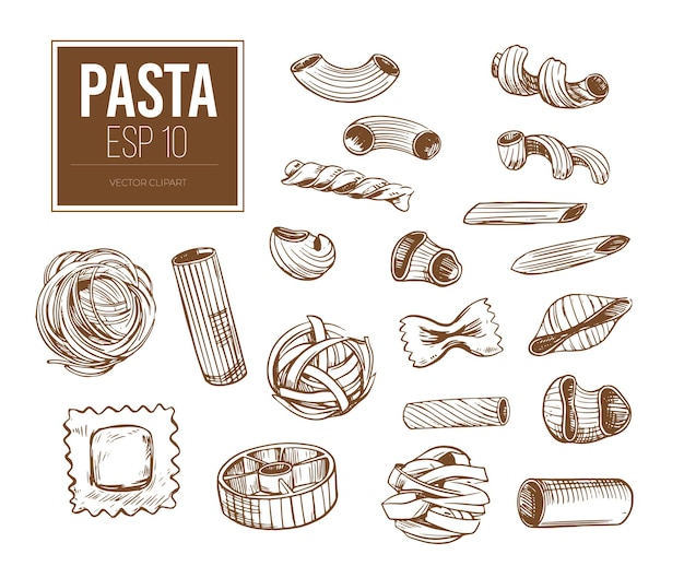 Schets van soorten pasta Vector clipart Overzichtsobjecten op witte achtergrond