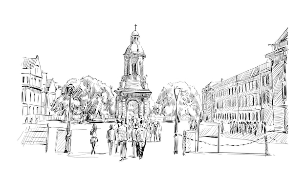 Schets van stadsgezicht in DUblin toont oude architectuur van kerk en reiziger loopt binnen