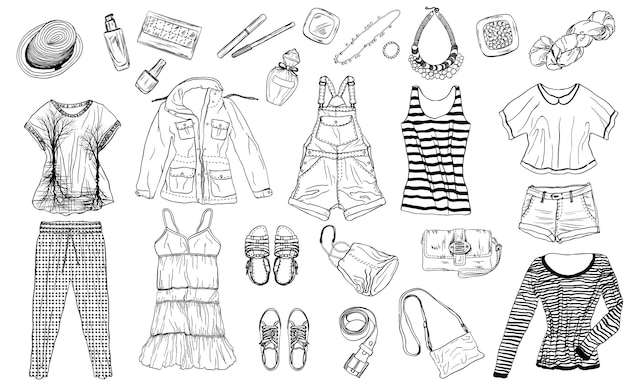 Schets van vrouwelijke lente- en zomermodecollectie kleding en accessoires