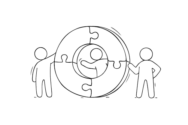 Vector schets van werkende kleine mensen met puzzelteamwerk