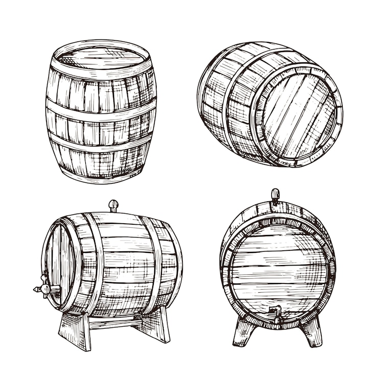 Vector schets vaten. whisky eiken vaten. houten wijnvat in vintage gravure stijl. bar, pub en brouwerij