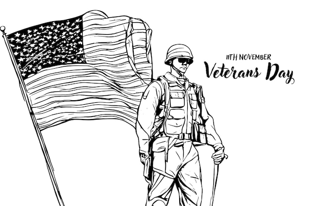 Schets veteranendag eenvoudige vector banner poster achtergrond met vlag en soldaat schets kunst met
