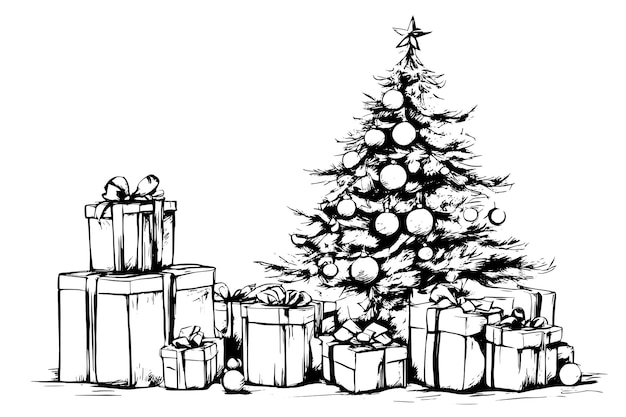 Schets vrolijke kerstversiering met kerst dennenboom en geschenkdozen vectorillustratie