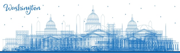 Vector schets washington dc usa city skyline met blauwe gebouwen