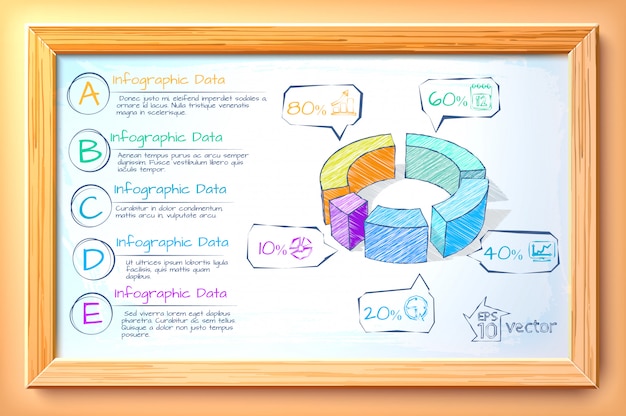 Schets zakelijke infographic sjabloon met kleurrijke diagram vijf opties tekst en pictogrammen in houten frame illustratie