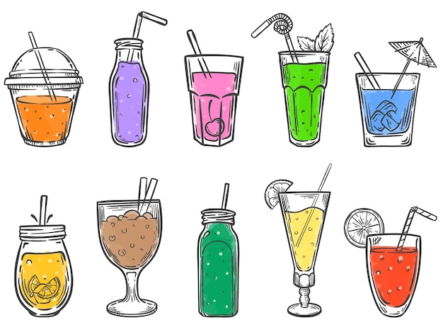 Schets zomerdrankjes. Glas frisdrank, koud vruchtensap en kleurrijke coctalis hand getrokken illustratie set.