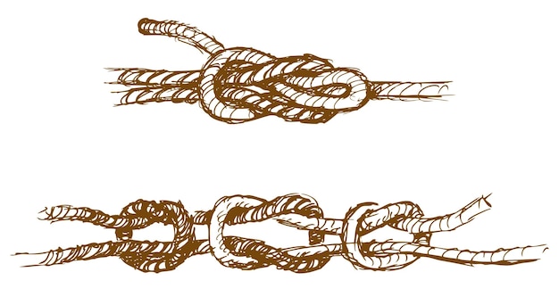 Vector schetsen tuigage touw vastgebonden in verschillende zeeknopen handtekeningen geïsoleerd op wit