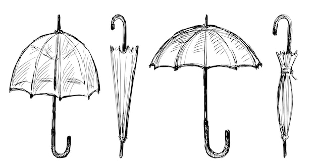 Schetsen van gesloten en geopende paraplu's hand getrokken vectorillustratie geïsoleerd op wit