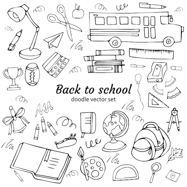 Schetsmatige vector hand getrokken doodle cartoon set school objecten en symbolen