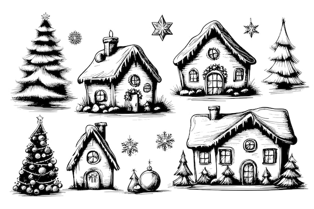 Schetsset huizen kerstvakantie winterbomen met de hand getekend voor uw ontwerp voor het nieuwe jaar