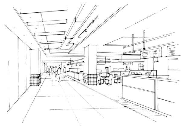 Schetstekening van een ganggebied van een food court en een voedseltellermodern ontwerpvector2d illustratie