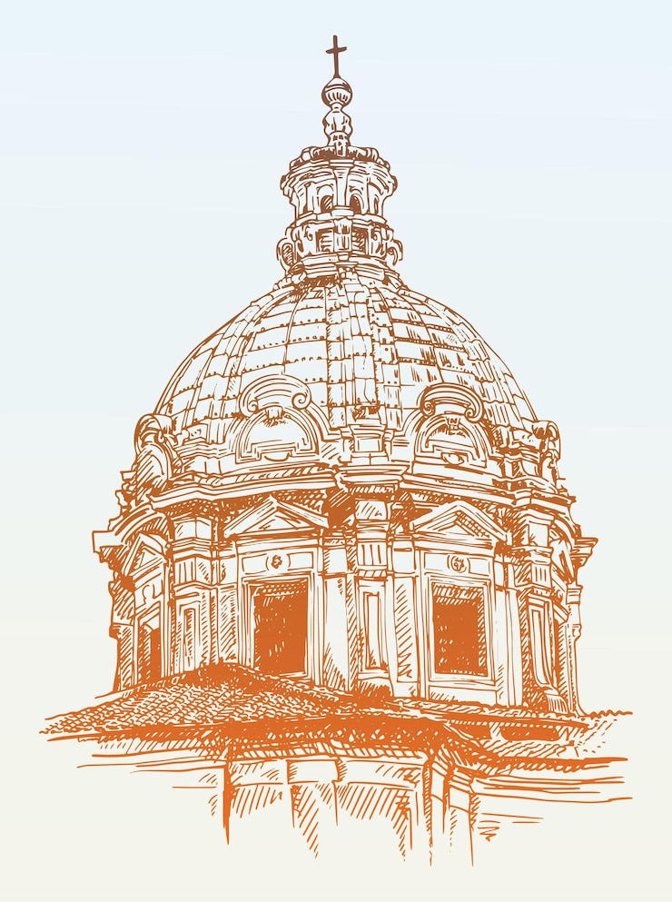 Schetstekening van oude basiliek van Rome, Italië, vectorillustratie