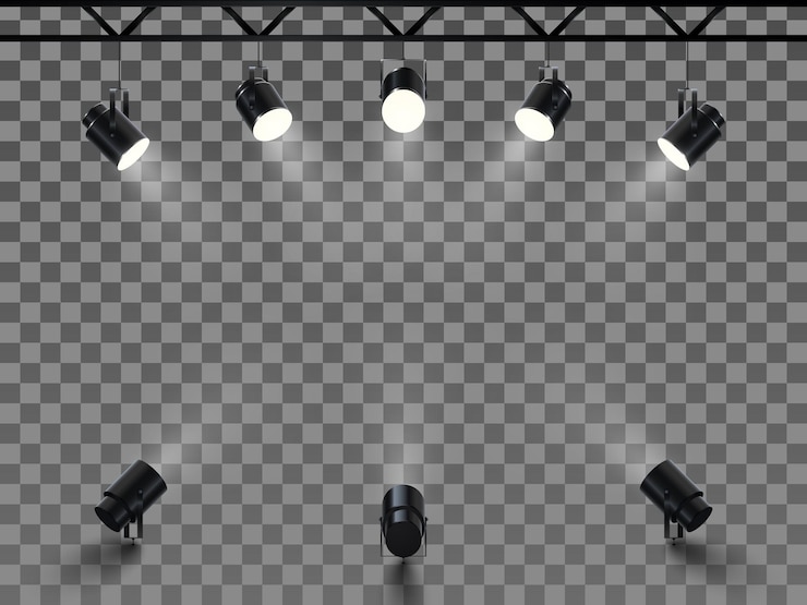 Vector schijnwerpers met helder wit licht schijnt podium. collecties projectoren met verlicht effect. set projector voor studio op transparante achtergrond.