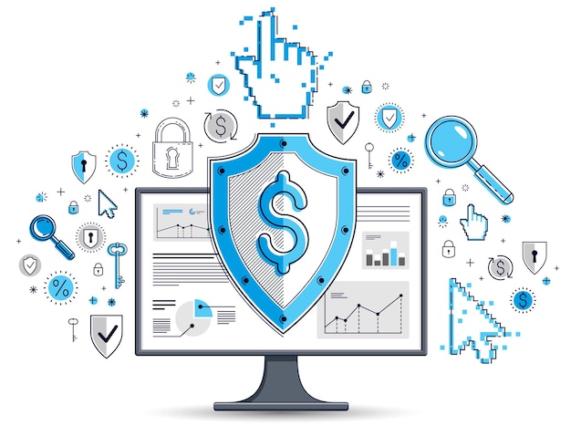 Schild over computermonitor en dollar set pictogrammen, internet financiële veiligheidsconcept, online financiële bescherming, vector plat dunne lijn ontwerp, elementen kunnen afzonderlijk worden gebruikt.