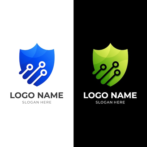 Vector schild tech logo vector schild en printplaat combinatie logo met 3d groene en blauwe kleurstijl