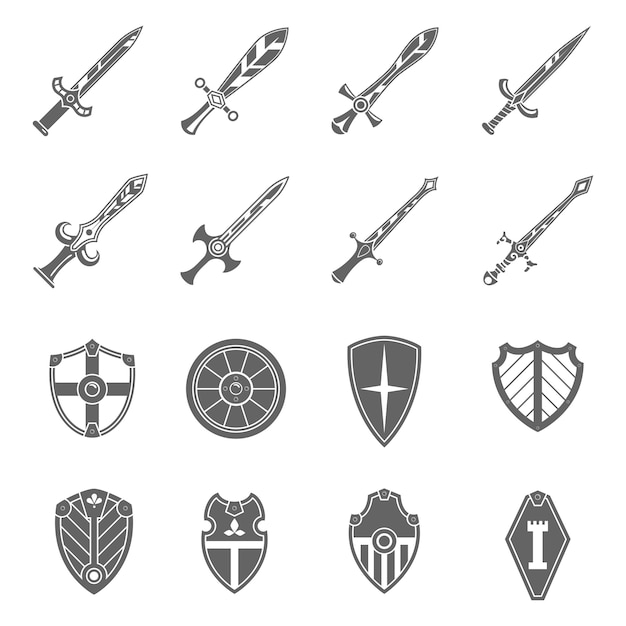 Schild zwaarden emblemen pictogrammen instellen