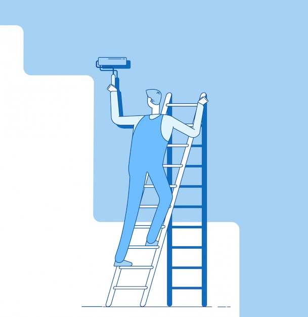 Schilder schilderij muur. werknemer op ladder, vakman schildert huis muren. huis reparatie dienst decoratie en renovatie concept