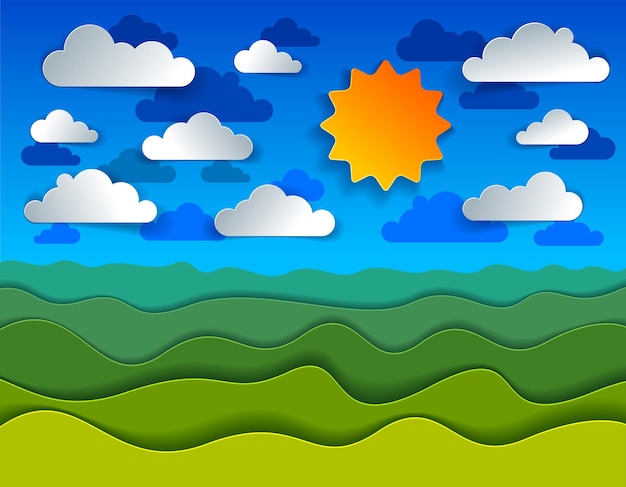 Schilderachtige natuur landschap van groene gras weide en wolken in de lucht cartoon papier gesneden moderne stijl vectorillustratie.